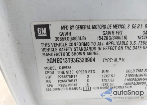 2003 Chevrolet Avalanche 1500 C1500 z USA, uszkodzony, nr VIN 3GNEC13T93G320904